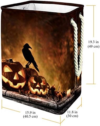 Pumpina de Halloween de Indicultura na mesa de madeira velha 300d Oxford PVC Roupas à prova d'água cesto de roupa grande