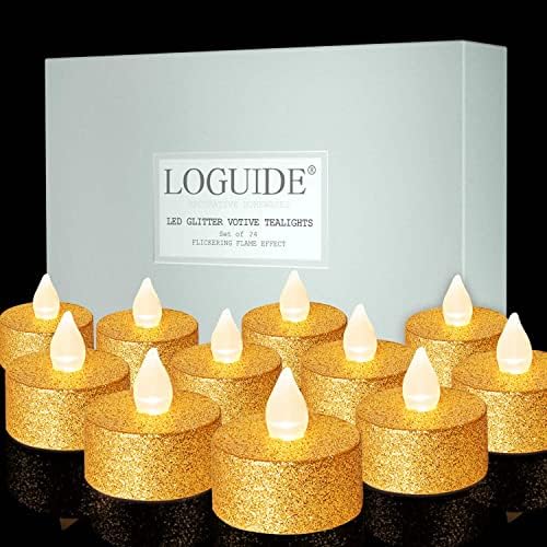 Luzes de chá LED de bateria de Logouide, 24 Pack Gold Sem Flamless Votive Tealights Candle com luz quente e branca,