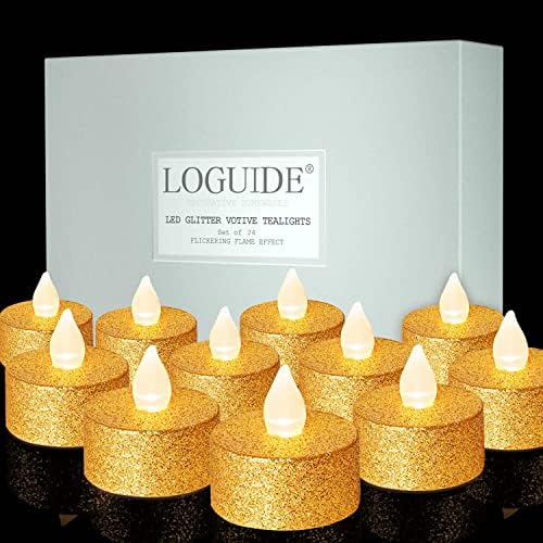 Luzes de chá LED de bateria de Logouide, 24 Pack Gold Sem Flamless Votive Tealights Candle com luz quente e branca, pequena vela de chá falso elétrico realista para casamento, mesa, festival Celebration