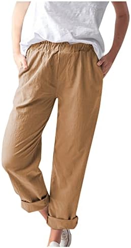 Calças de linho para mulheres cintura elástica Pulls Capri-Pants Casual Casual Casual Calças Cutupadas Alta Correia