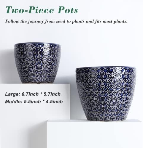 Deecoo 2 Pacote de cerâmica vasos de cerâmica interna, conjunto de vasos de flores 5,5 + 6,5 polegadas, plantadores azuis para