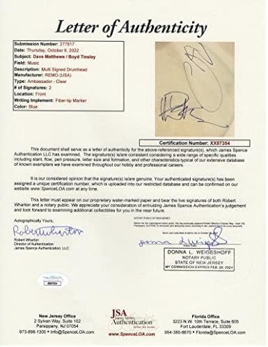 Dave Matthews & Boyd Tinsley assinou o Autograph 14 Drumhead - James Spence Carta de Autenticidade JSA Coa - Dave