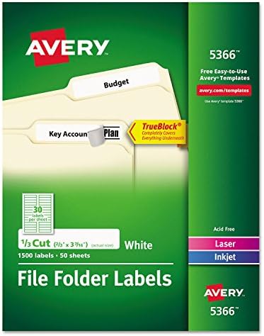 Avery 5366 Rótulos permanentes, 1/3 corte, 1500/bx, branco