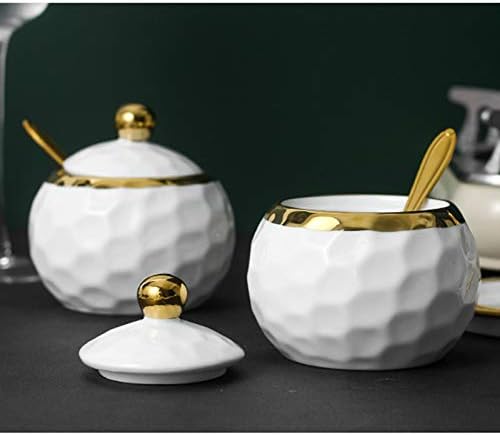 Bihoib Golf Porcelain Sugar Bowl Condimento Recipiente de sal com tampa, colher e bandeja, conjunto de 3, frasco moderno