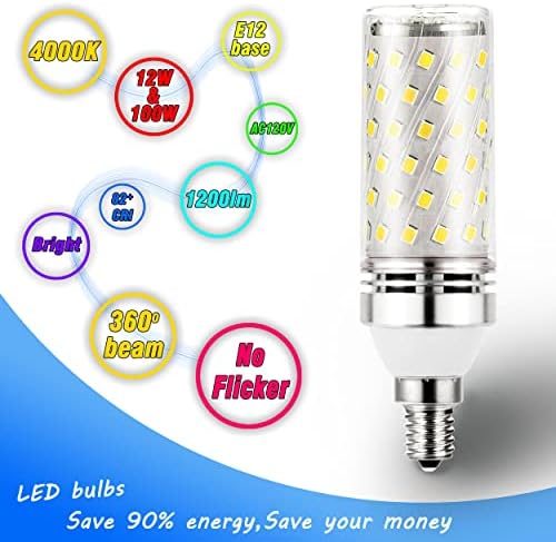 HeifyMi E12 Substituição de 100 watts lâmpadas de candelabra LED, lâmpadas de vela LED E12 12W T6 C7 1200LM, 4000K Branco de Base