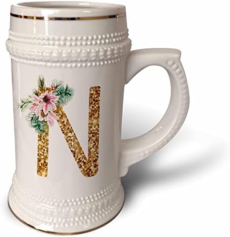 3drose rosa Poinsettia Imagem do Gold Glitter Christmas Monogram. - 22 onças de caneca