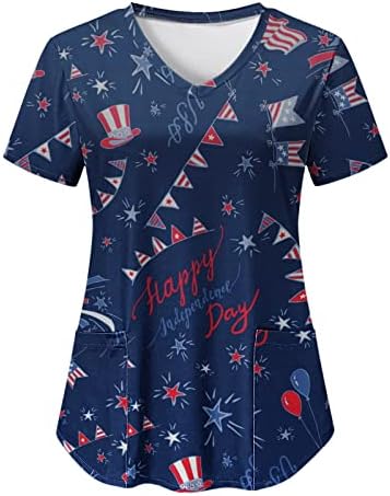4 de julho Blusa da bandeira americana para mulheres de verão Manga curta V camiseta com 2 bolsos Bloups Holiday Casual