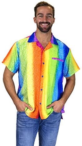 Camisa havaiana funky para homens de manga curta de pacote dianteiro vertical, multicolorido