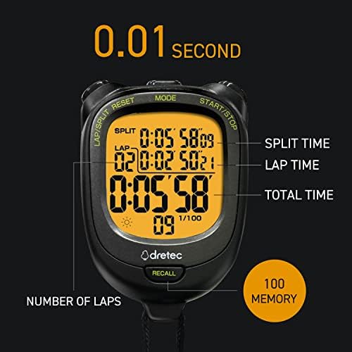 Dretec - Digital Sports Stopwatch/Countdown Timer Lap Split com alarme do calendário de relógio, IPX7 Imperatância à prova d'água e LCD extra grande para executar o treinamento de treinadores de árbitros de natação