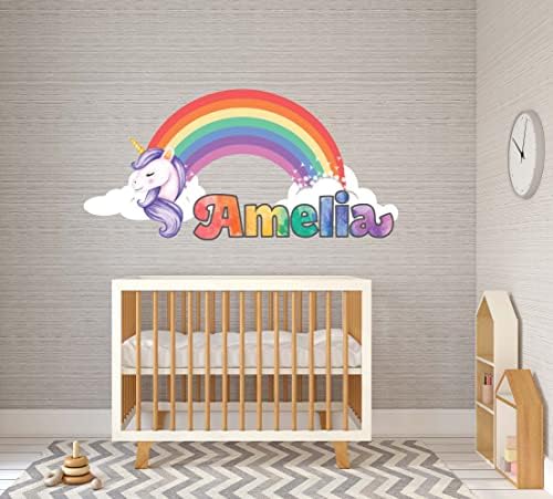 Decalques de parede de arco -íris personalizados, nome de unicórnio Decalque de parede, quarto de crianças nome personalizado Decoração de arte de canto de parede unicórnio, colorido Magic Rainbow Unicorn Mural Wall Decal