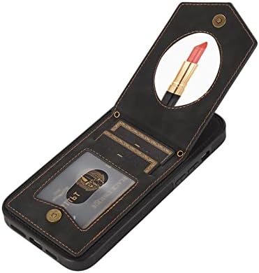 Dunalnuz para iPhone 14 Pro Max Crossbody Wallet Case com cordão, capa de telefone de couro magntical com slots de cartão de bloqueio RFID espelho de maquiagem embutido para mulheres capa de proteção-preto