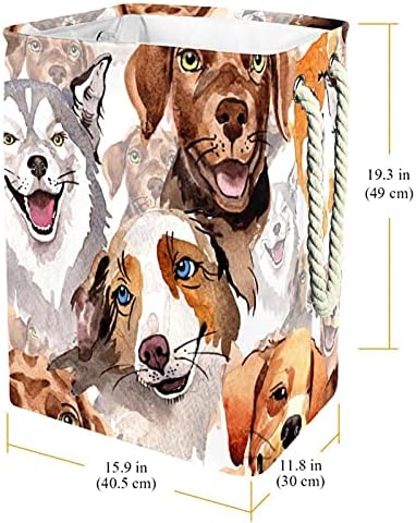 Mão pintada de cães diferentes cabeças de pano de roupa cesto embutido com suportes destacáveis ​​cesta de lavanderia