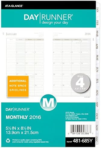Day Runner Monthly Planner Recil , 5,5 x 8,5 polegadas Tamanho da página