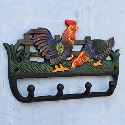 N/A Vintage Painted Green Red Yellow roxo Galo roxo e galinha Design de galinha Handmade Cast Mounded Hook com 4 cabides