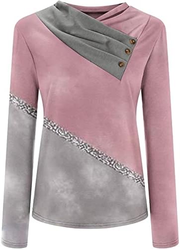 Mulher a granel feminino colar de manga longa V Geometria de pescoço Botão Botão do pescoço Tops Casual Tee feminina