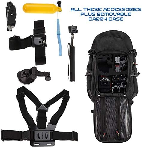 Backpack da câmera de ação da Navitech e kit de combinação de acessórios de 18 em 1 com cinta de tórax integrada compatível com a câmera de ação digital da GoPro Hero 7 Silver Wateras