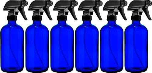 Organics Organics Blue Glass Garmand - Grande recipiente de 16 oz para óleos essenciais, produtos de limpeza ou aromaterapia - pulverizador de gatilho preto com configurações de névoa e fluxo - 6 pacote