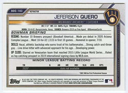 2021 Bowman Chrome Draft Refractor BDC-183 Jeferson Quero RC Rookie Milwaukee Brewers MLB Baseball Trading Card