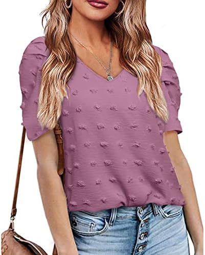 Lcepcy Swiss Dot Tops for Women Casual Solid Color V Neck Puff Puff Manga curta Camise