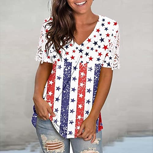 Camisas de bandeira americana para mulheres 4 de julho V Camisetas de pescoço Tamas de renda de verão causal de verão Tops