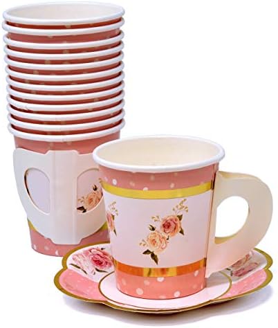 36 xícaras descartáveis ​​de festa de chá 5 oz 3 36 pires 5 Placas florais de papel de charraca com alça para crianças