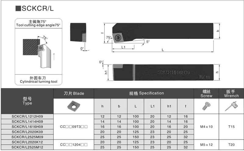 Lihaoping 1/2 SCKCL1212H09 INSERIR DO Turno de torneamento externo 75 ° Tipo de parafuso Torno do torneio Toolder Ferramenta Indexível