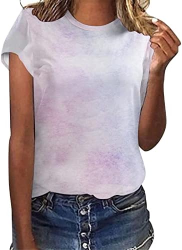 Pacote de manga feminino feminino gradiente de corante casual Impressão de mangas curtas Crew pescoço de camiseta solta blusa de camiseta de tamanho grande