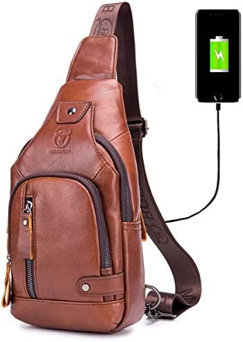 Bolsa de esteira de couro genuína Bullcaptain com porta de carregamento USB Bolsa de peito multi-bolso para homens caminhando Daypack XB-129