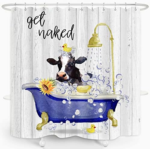 ZXMBF Vaca engraçada Get Curta do chuveiro nua Cute Cattle Bull Farmhouse Animal e girassol em tábuas de madeira BANK