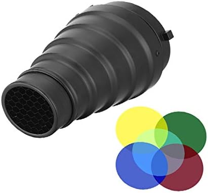 O novo estroboscópio de metal LON0167 apresentou esnobe cônico com eficácia confiável Honeycomb Grid 5pcs Kit de filtro colorido para arqueiros Mount Monolight Photography Flash 190mm/7.4 Comprimento