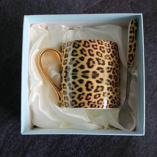 Dodouna Bone China Mark Cup Cup de leite com xícara de copo de leopardo criativo Copa de chá de aro dourado com colher