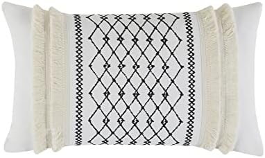 Ink+Ivy Reva algodão oblongo Decoração decorativa de travesseiro Boho, franjas e borlas, design de suporte lombar para sofá, cobertura removível com fechamento de zíper escondido, branco/azul