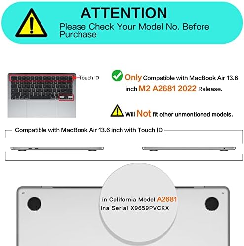 Mosis compatível com MacBook Air 13,6 polegadas Caso 2022 2023 Liberação A2681 com chip M2 e ID de toque, capa de concha dura de plástico brilhante e tampa do teclado e protetor de tela e bolsa de armazenamento, transparente