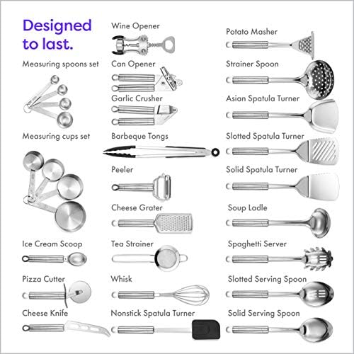 Klee Aço inoxidável Completo Conjunto de utensílios de cozinha - 29 peças resistentes ao calor, sem plástico, não -tóxico e
