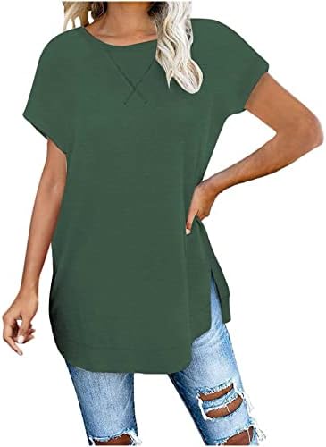 Túnicas femininas Tops Moda Mangas curtas Slim Fit O-pescoço dividido T-shirt Holiday Holiday Casual Midi Sorthirt Pullover