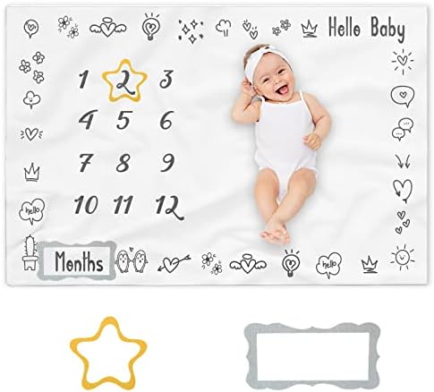 Baby mensal marco cobertor menino ou menina, olá cobertor de marco mensal para bebê para chá de bebê, manta de marco do mês recém -nascido neutro com gráfico de crescimento para decoração de berçário para bebês recém