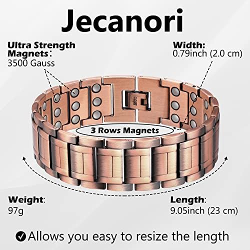 Jecanori 3x Anel de pulseira magnética da desintoxicação da linfa para homens, pulseira de terapia magnética de cobre de aço