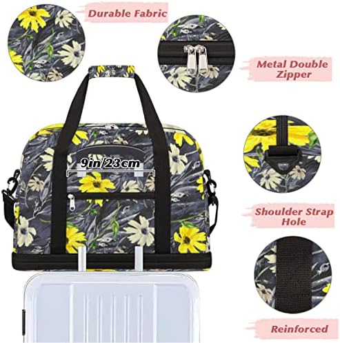 Flor Floral de Flor Floral Amarelo e Branco Duffel Bag Sport Sport Tote Gym Bag com compartimento