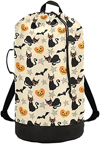 Halloween Cat Bat Skull Laundry Back de roupa pesada mochila com alças de ombro Handles Saco de roupas de roupa com tração de tração