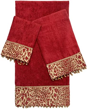 Austin Horn Classics Safari Red de 3 peças Decorativo Conjunto de toalhas, banda de tecido jacquard vermelha e dourada, franja de borla com miçangas e guarnição de gimp, inclui 1 banho, mão e toalha de ponta, elegante e durável.