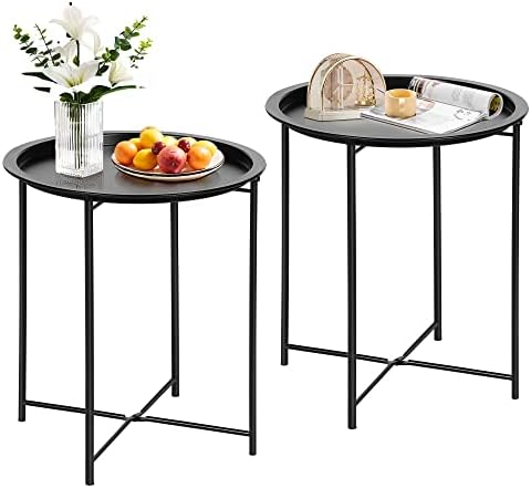 Vecelo Modern End Side Tables, bandeja dobrável de metal redondo, mesa de cabeceira estável para o ar livre, espaço pequeno, sala de
