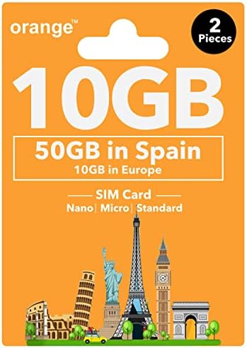 Orange Europe Pé -pago Cartão SIM - Dados da Internet de 10 GB em 4G/LTE + 50 minutos Ligue para a Europa, 50 GB + chamadas ilimitadas
