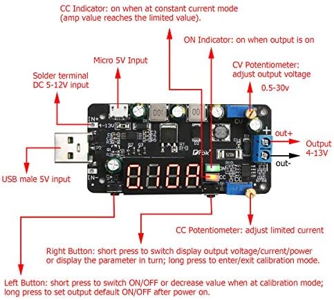 Regulador de tensão ajustável, DROK USB Input Buck Boost Converter DC 4-13V a 0,5-30V 5V 12V 24V Tensão Epset Up Down Transformer