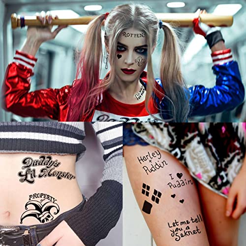 Tasroi 5 folhas Harley Quinn Tattoo adesivos para homens adultos, Joker Harley Quinn Tattoos Scad Squad Birds of Prey