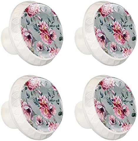 Botões de cômoda de cerveja Botões de gaveta Rosas Rosas Butalha de gabinete de vidro de cristal 4pcs impressão colorida redondo botões brancos da criança 1,38 × 1.10in