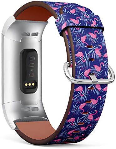 Compatível com Fitbit Charge 3/3 SE - Banda de acessório de pulseira de pulseira de couro - pássaros rosa flamingo pássaros
