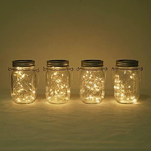 Decorman Solar Mason Jar Lights, 4 Pack 30 LED Fairy Star Firefly String Lids Lights com 4 cabides para pátio Jardim