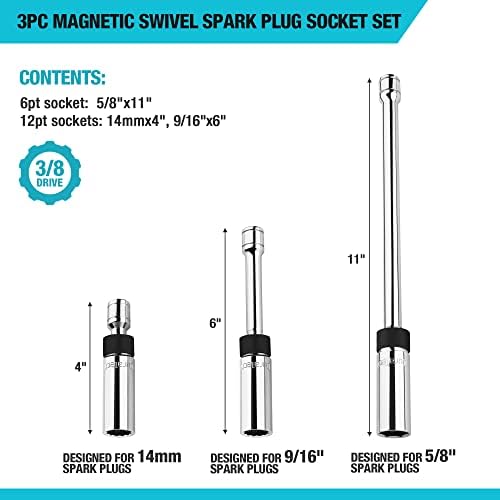 Conjunto de soquete de vela de ignição de giratória magnética Duratech 3pc, kit de acessório de soquete de 10 peças inclui