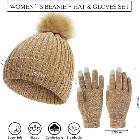 Mulheres gorros chapéus luvas de inverno, chapéu quente e luvas de malha macia, boné de abastecimento de ladras, chapéus de gorro