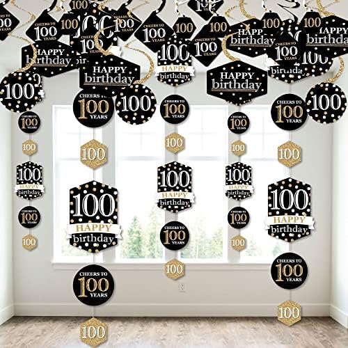 Grande ponto de felicidade adulto 100º aniversário - ouro - festa de aniversário pendurando decorações verticais e redemoinhos